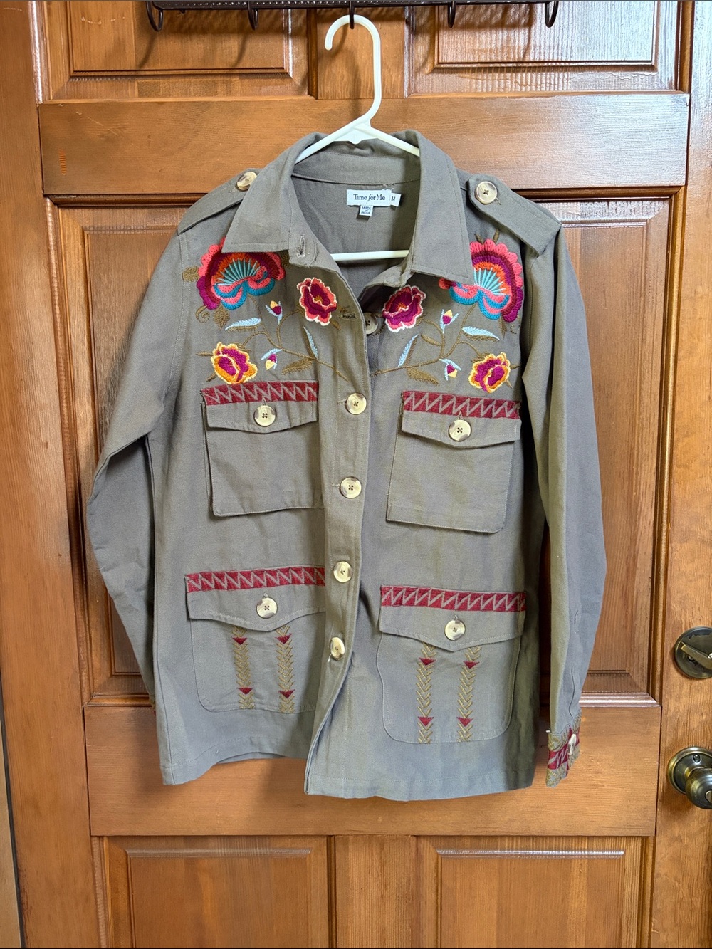 Time for Me Embroidered Olive Utility Jacket with Floral Accents Size M